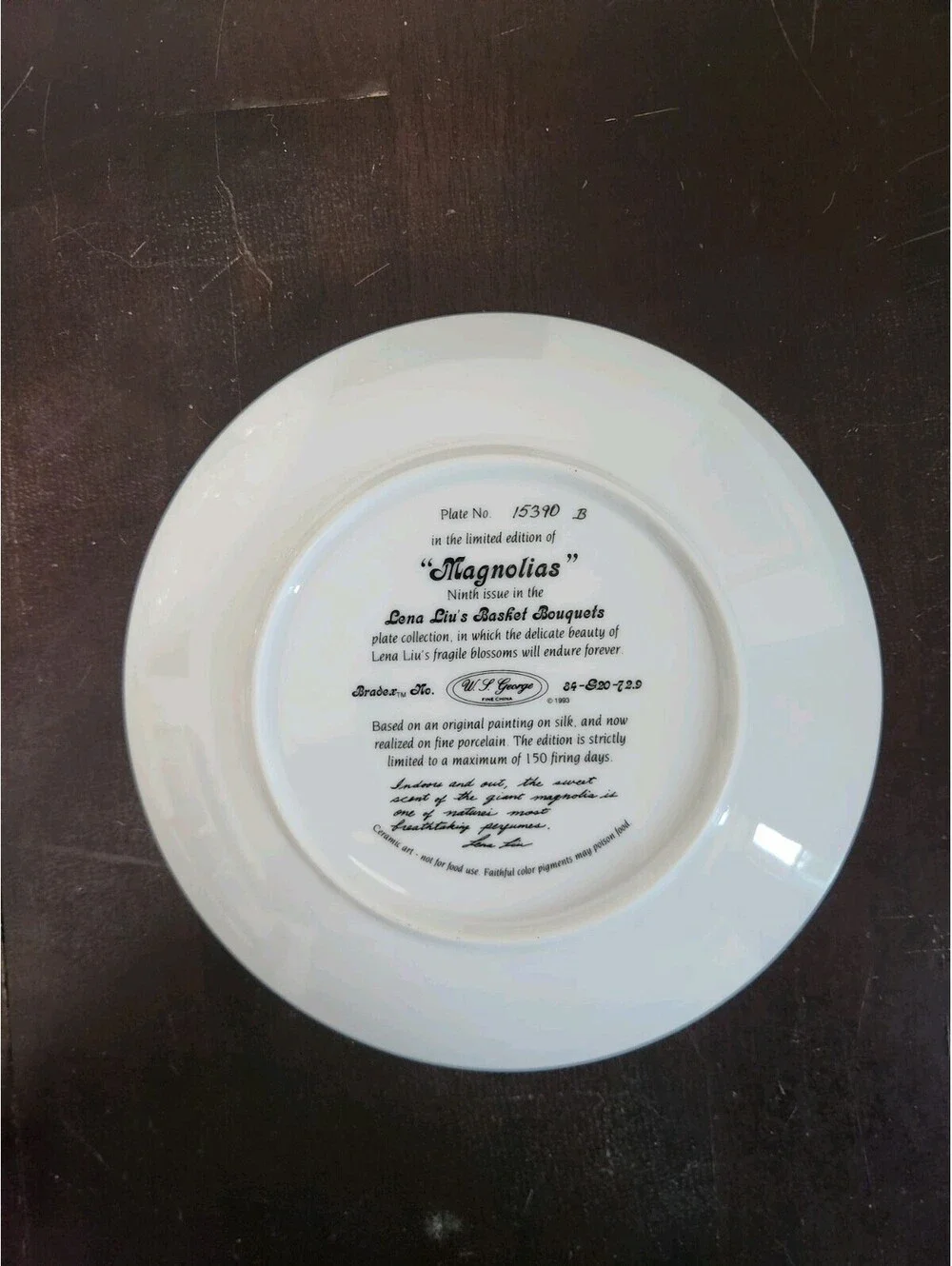 W.S. George Lena Liu Basket Bouquets Magnolias Limited Edition Porcelain Plate